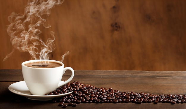 A cup of coffee on a wooden table with grains on a brown background banner Generative AI