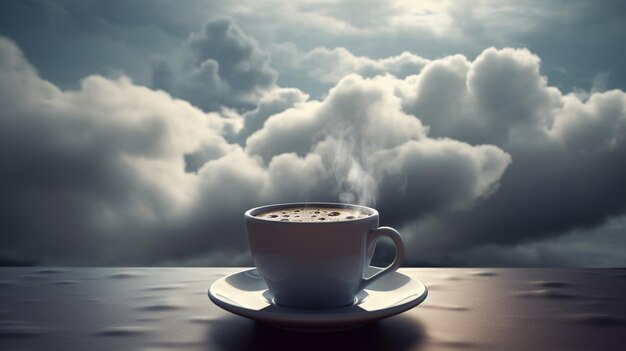 Cup of coffee on wooden table with stormy sky backgroundgenerative ai