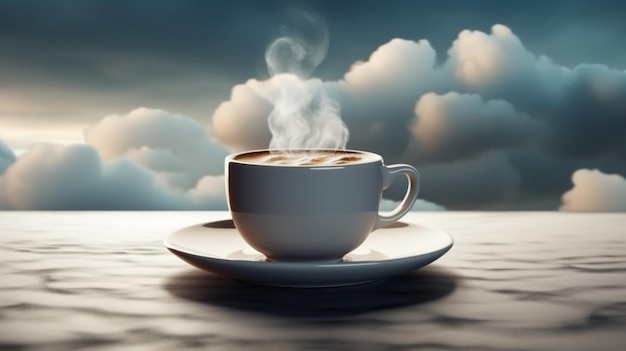 Cup of coffee on wooden table with stormy sky backgroundgenerative ai