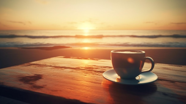 A cup of coffee on a wooden table with a sunset in the background