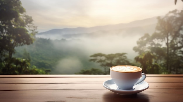 A cup of coffee on a wooden table with a view of the mountains in the background