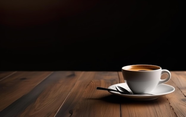 A cup of coffee on a wooden table