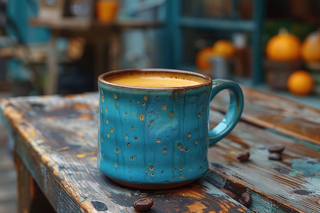 Чашка кофе на деревянном столе.