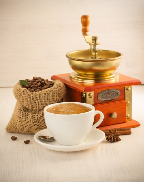 Cup of coffee on wooden