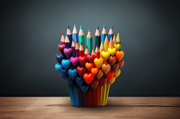 A cup of colored pencils with hearts on the top.