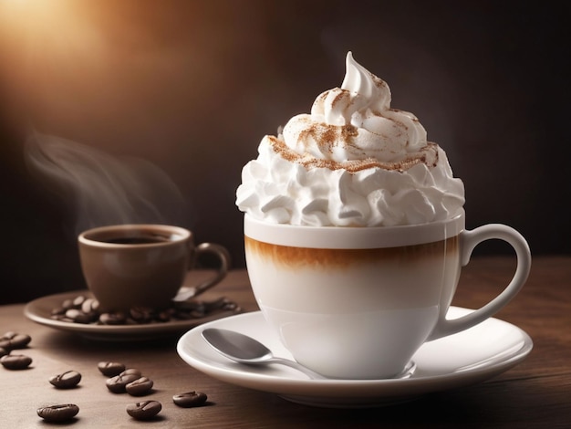 Photo a cup of creamy cappuccino swirls coffee resting on top of a wooden table photography