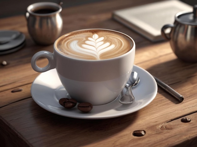 A Cup of Creamy Cappuccino Swirls Coffee Resting on Top of a Wooden Table Photography