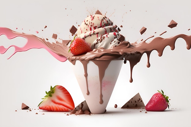 Cup of creamy strawberry and chocolate ice cream spilling with white background