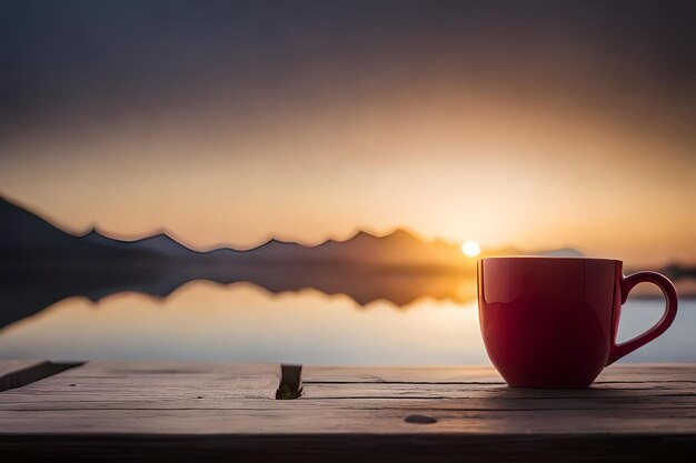 Photo a cup and a cup are on a wooden table at sunset