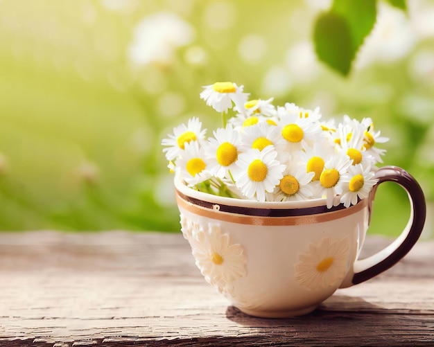 A cup of daisies is on a table outside.