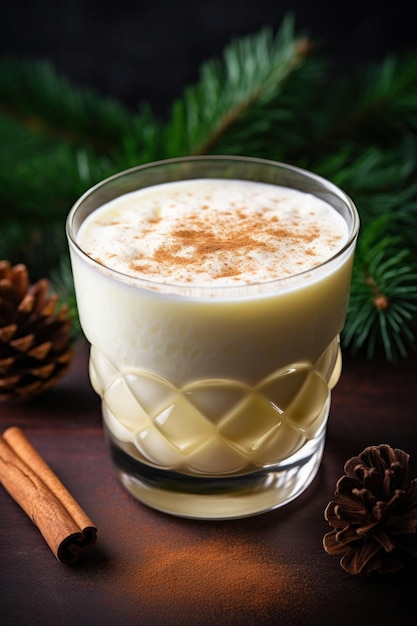 Photo cup of eggnog or egg milk punch christmas traditional drink with spices on wood table