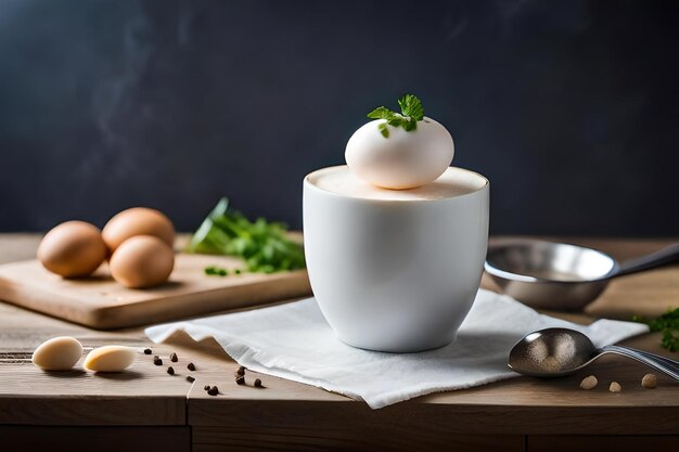 Foto una tazza di uova con un cucchiaio e un cucchiaio su un tavolo.