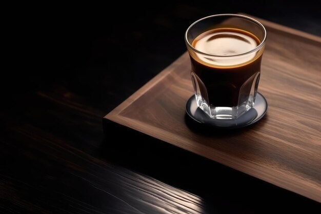 Cup of espresso coffee and glass of water on wood pad AI generated