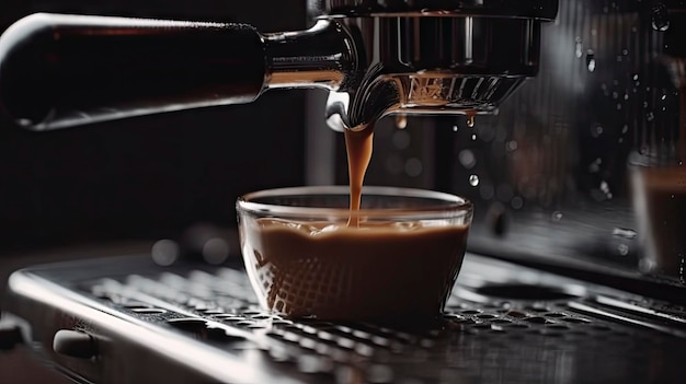 A cup of espresso coffee is being poured into a cup.