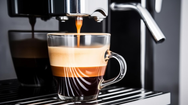 A cup of espresso coffee is poured into a cup.