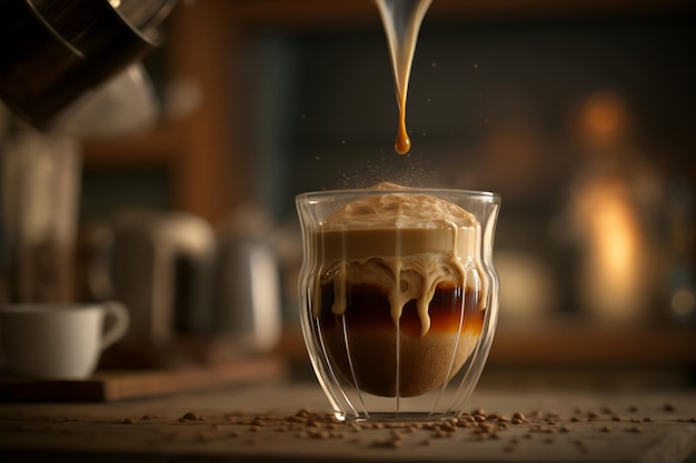 A cup of espresso coffee with a coffee bean sauce being poured into it.