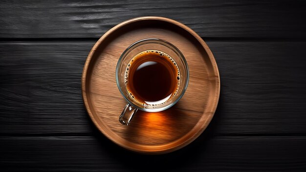 Cup of espresso coffee on wood pad on dark wooden table background Ai Generative