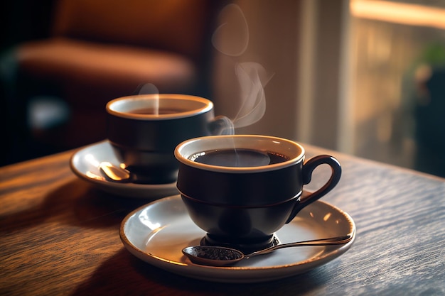 Cup of espresso coffee on the wooden table in the cafe. Food photography,