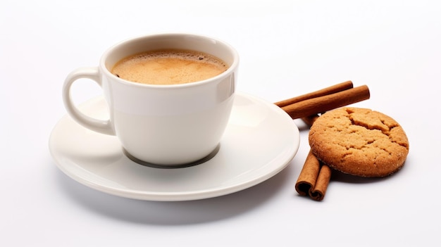 A cup of espresso with oatmeal cookies and cinnamon on a white background