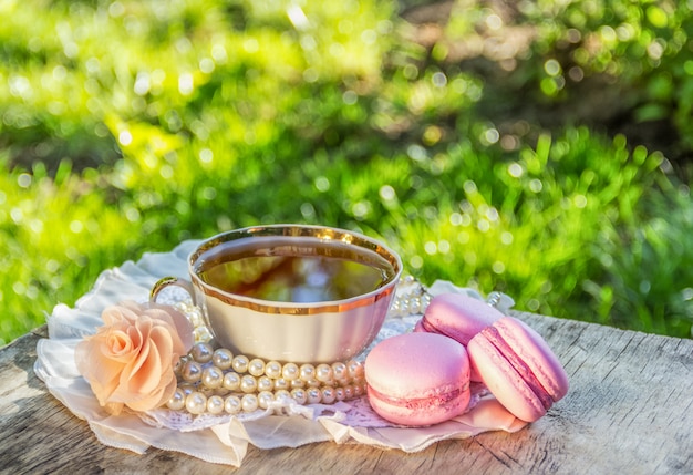 Tazza di tè della sera nel giardino estivo