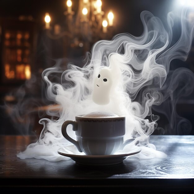 Foto una tazza piena di caffè e che emetteva fumo bianco spettrale