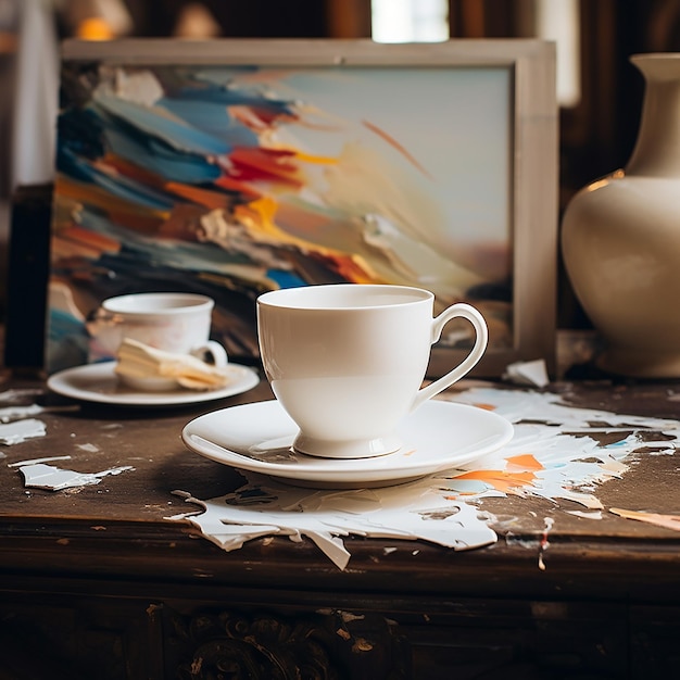 Foto una tazza piena di caffè e un dipinto davanti a lui