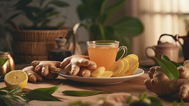 Photo a cup filled with ginger tea placed on a sleek table alongside fresh ginger root a teapot and scattered ginger leaves the foreground perspective adds depth to the composition