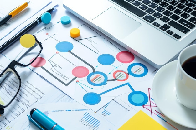 Photo a cup filled with steaming coffee sits on top of a table next to an open laptop flowchart showing the process of finance audit ai generated