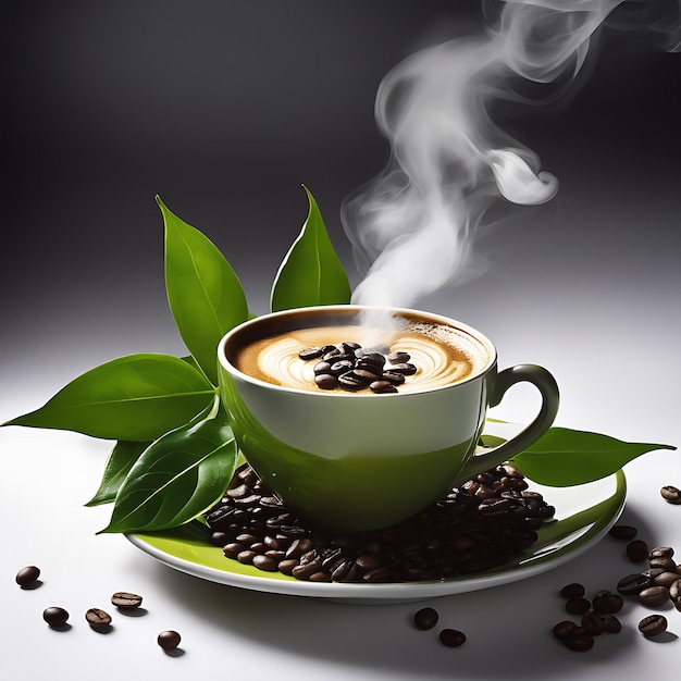 A cup of fragrant coffee on a saucer coffee beans and sprigs of green coffee plant leaf next to it