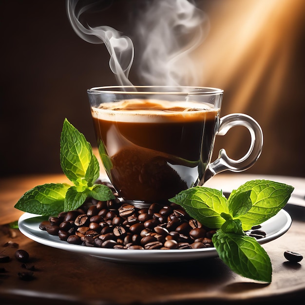 A cup of fragrant coffee on a saucer coffee beans and sprigs of green coffee plant leaf next to it