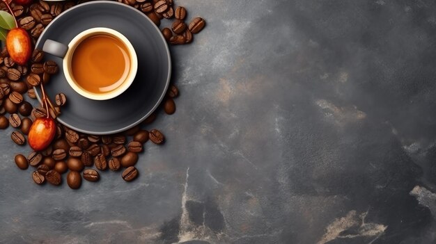 A cup of fragrant coffee with coffee beans on a gray and black stone tabletop