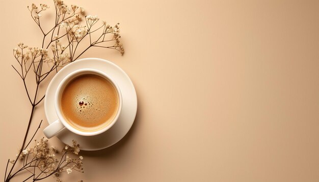 Cup of fresh coffee and branch of gypsophila flower on beige background