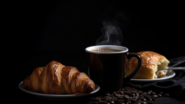 Cup of fresh coffee and croissant Black background AI generated