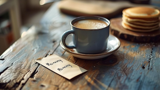 Photo cup of fresh coffee with a tag on a wooden table in retro style morning coffee with pancakes