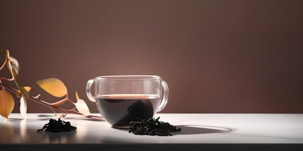 Чашка свежезаваренного черного чая и сухого черного чая на коричневом фоне с копировальным пространством, созданным AI