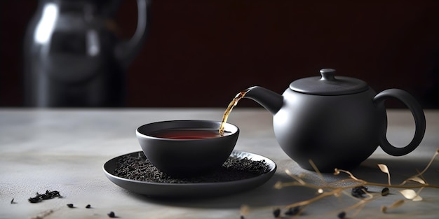 Cup of freshly brewed black tea teapot and dry black tea on dark background AI generated