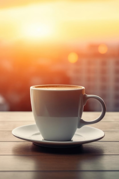 Cup of freshly brewed coffee in front of the window in the morning sunshine with city view