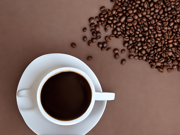 A cup of freshly brewed coffee resting on a green leaf white coffee beans on the wood