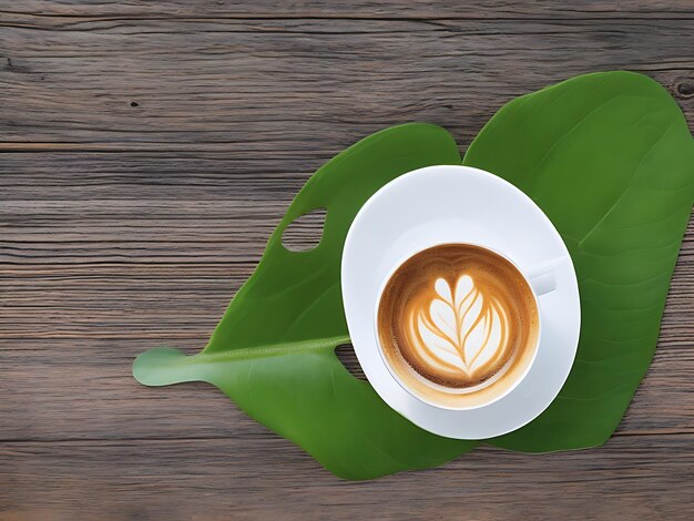 A cup of freshly brewed coffee resting on a green leaf white coffee beans on the wood