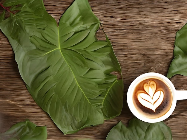 A cup of freshly brewed coffee resting on a green leaf white coffee beans on the wood