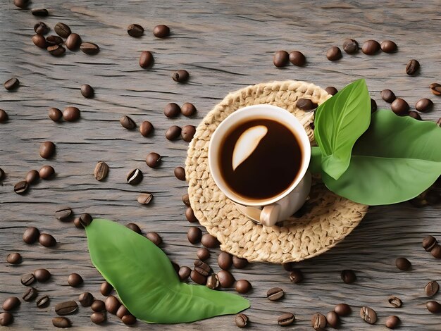 A cup of freshly brewed coffee resting on a green leaf white coffee beans on the wood