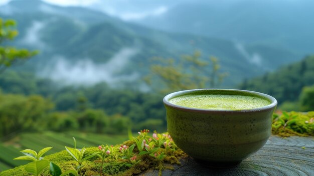 Cup of freshly prepared matcha against the backdrop of mountains and nature