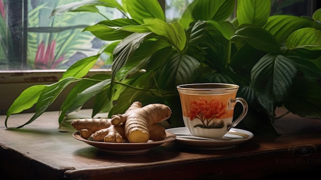 A cup of ginger next to a plate with a plant in the background.