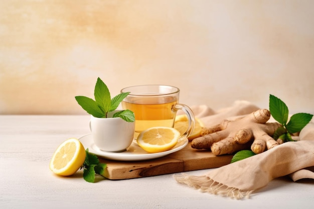 Cup of ginger tea with lemon honey and mint