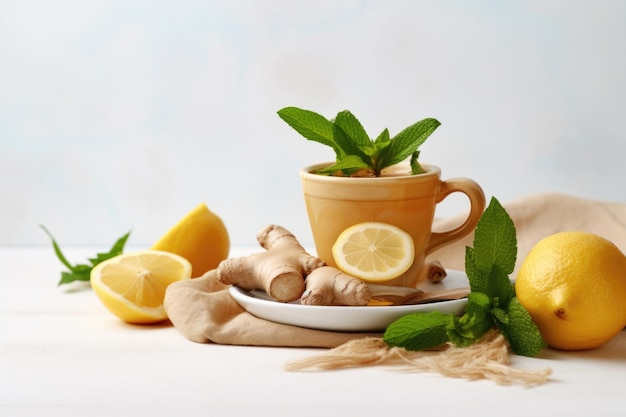 Cup of ginger tea with lemon honey and mint