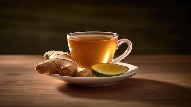 A cup of ginger tea with a lime on the side