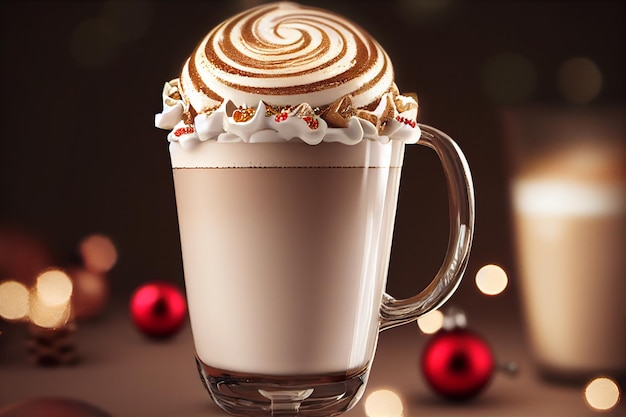 Cup of gingerbread latte in glass whipped cream side view christmas ornaments christmas mood