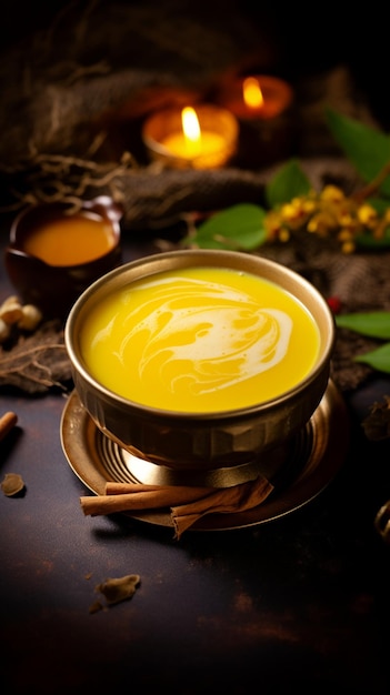 A cup of golden milk with turmeric cinnamon ginger sweetener or honey Turmeric milk antioxidant immune boosting drink Moon milk with turmeric and spices Trendy ayurvedic drink vertical image