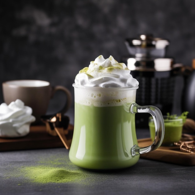 A cup of green drink with whipped cream and a cup of matcha latte.