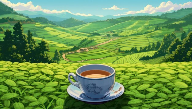 Photo a cup of green tea on a green field view